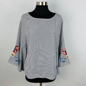 Allison Joy Gray Striped Bohemian Embroidered Floral Bell Sleeves Women's M Top